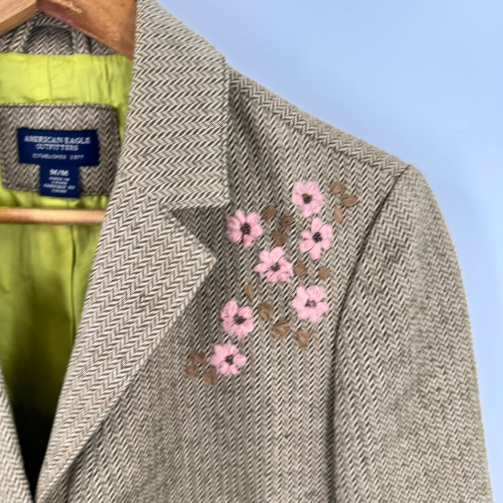 Vintage Y2K American Eagle Blazer Tan Herringbone Pink Floral Embroidered Size M - Picture 4 of 10